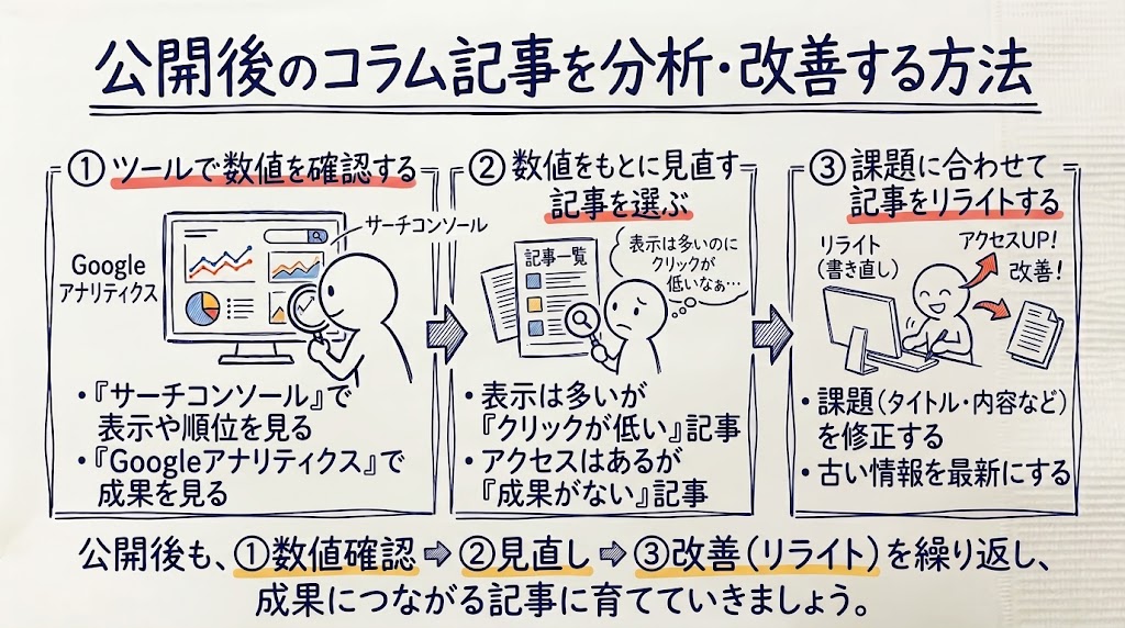 公開後のコラム記事を分析・、改善する方法を示す画像