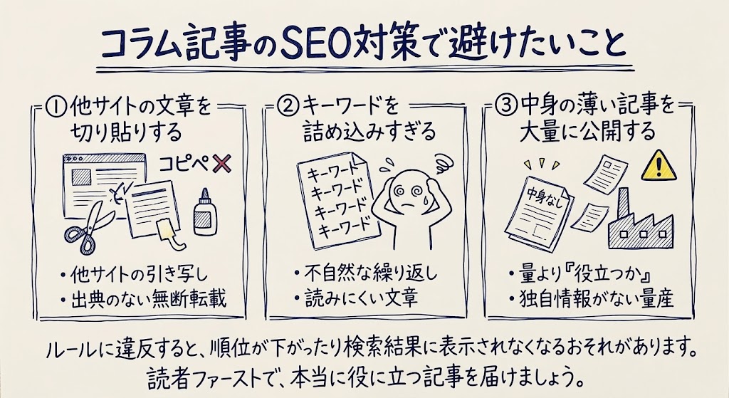 コラム記事のSEO対策で避けたいことを示す画像